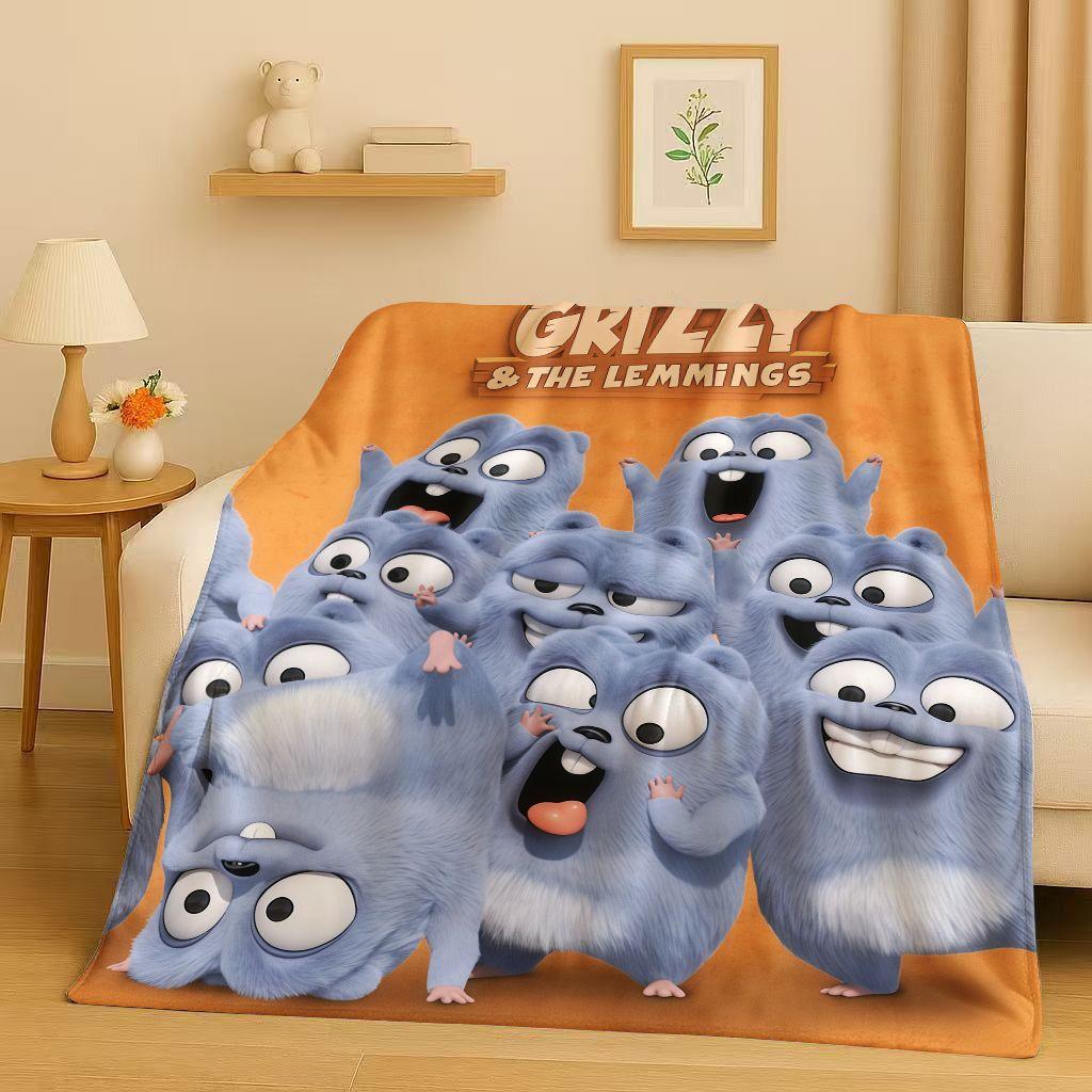 Kawaii Grizzy and The Lemmings Cartoon Flannel Blanket,Ultra Soft Warm Plush Throw for Home Bedroom Bed Sofa Cover Kids Gift