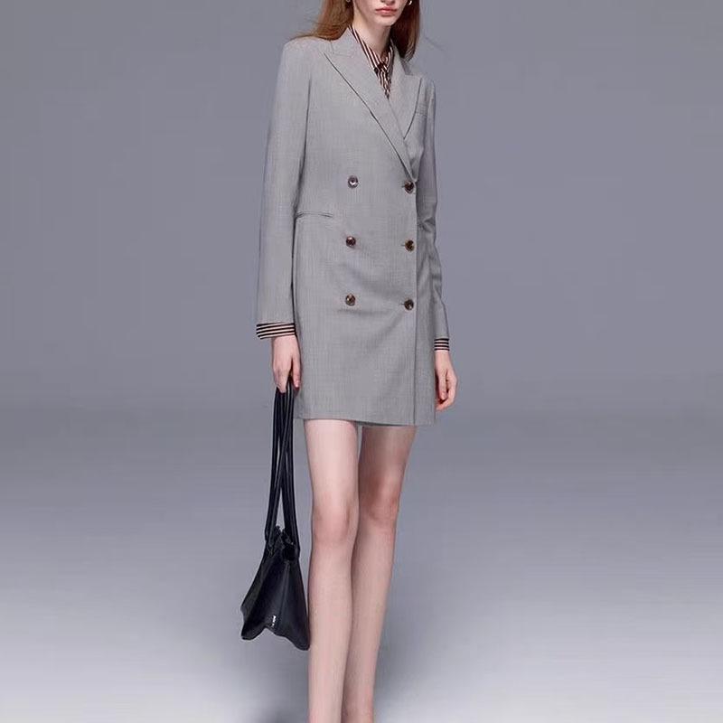 Nanyou Elegant Women's Wool-Silk Mid-Length Double-Breasted Suit Dress - Autumn Collection