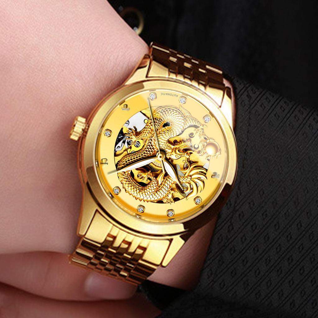 Modun Men's Gold Dragon Pattern Automatic Skeleton Watch with Genuine Leather Strap and Waterproof Multifunctionality