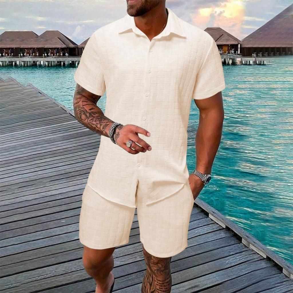 Men's Summer Color Short Sleeve Button Lapel Shirt Shorts Set