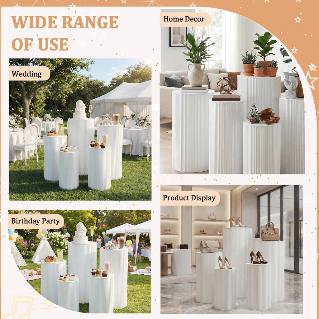 5 Pcs Metal Pleated Cylinder Pedestal Stands Heavy Duty Cake Display Pedestal Stand for Wedding Banquet Vendor Events Decorative