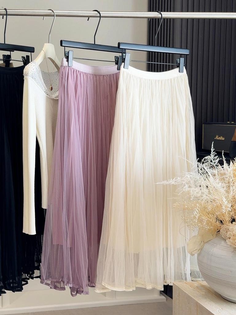 Flowy Super Fairy Mesh Patchwork Midi Skirt for Women - High Waist Slimming Mid-Length Skirt, 2026 Spring/Summer Collection