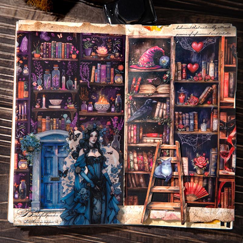 Dark Magic Bookcase Pet Tape Set With Clip, Waterproof Gothic Scrapbook Sticker Rolls