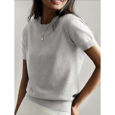 Round Neck Summer Short Sleeved Knit Sweater Pullover Thin Loose Casual Women's Top Solid Color Elegant Fashion Shirts Office Simple Basic Blouse