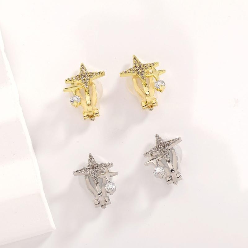 Shimmering Zircon Star Ear Clips Women Cuff Earrings Easy to Wear Copper Texture Suitable for Daily Wear and Parties