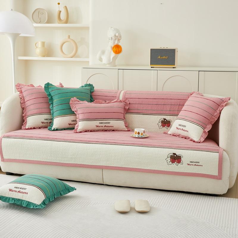 Чехол из хлопка в корейском стиле для дивана гостиной милого красочного стеганого дивана чехлов для сидений подушек 1 2 3 4-местного дивана 70x70cm розовый 2598₽