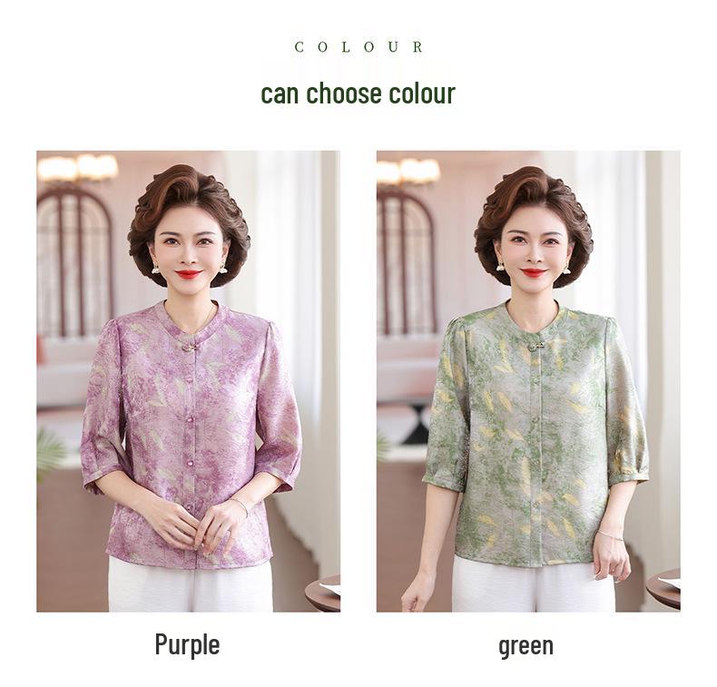 Round Neck Imitation Silk Summer Shirt for Middle-Aged and Elderly Women