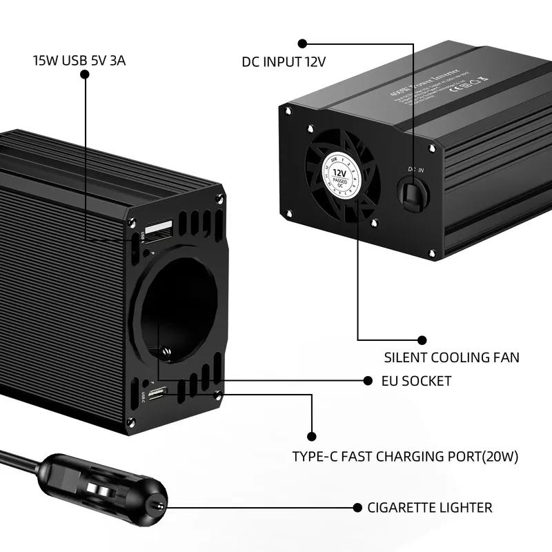 400W/500W/1500W Car inverter DC 12V to AC 220V converter, 3USB 2.0 and 1USB QC3.0 European standard socket