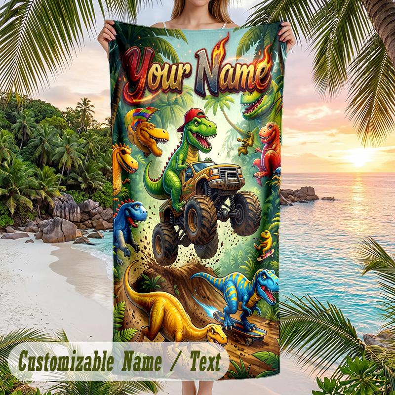 Monster Truck Theme Beach Towel Personalized Custom Name & Text Soft Quick Dry Beach Towel for Swimming Travel