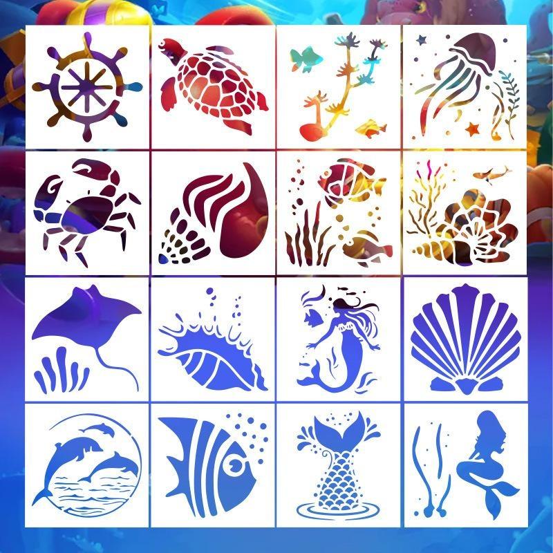 16Pcs Reusable Diy Sea Ocean Creatures Stencils Mermaid Art Painting Templates For Wood Wall Fabric Rock