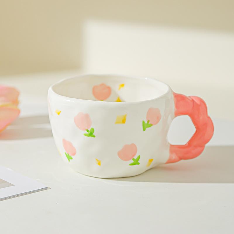 Retro Hand Painted Flowers Handmade Irregular Cute Cup Ceramic Coffee Cup Design Sense Coffee Cup Household Water Cup