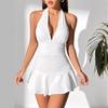 Robe d'été sexy pour femme à col halter, mini-robe, décolleté plongeant, taille froncée, coupe ajustée, évasée, dos nu, sans manches, robe de soirée