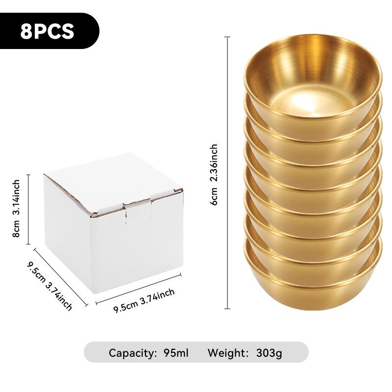 4-Piece Set of Gold 304 Stainless Steel Round Seasoning & Dipping Bowls for Soy Sauce