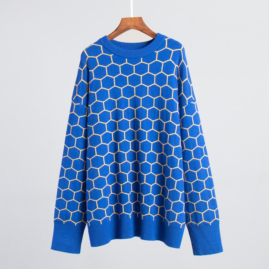 Autumn Winter Honeycomb Print Sweater Women's Round Neck Loose Temperament Versatile Comfortable Long-sleeved Knit Top