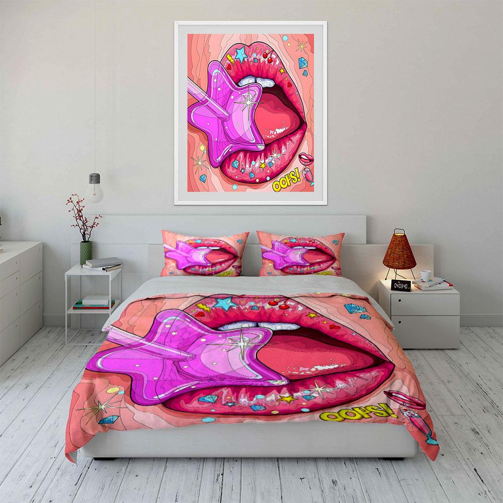 Pink Lips with Star Lollipop Bedding Duvet Cover Set (1*Duvet Cover 2*Pillowcases, without duvet insert)