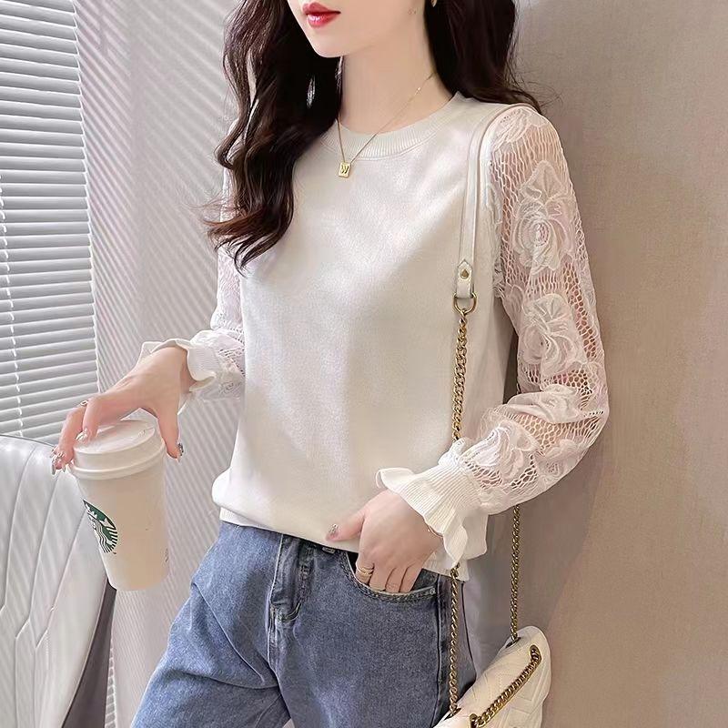 

Весна и осень французский кружевной сращивание длинный рукав основа вязаный свитер женский тонкий стиль темперамент круглый вырез свитер топ 3XL белый
