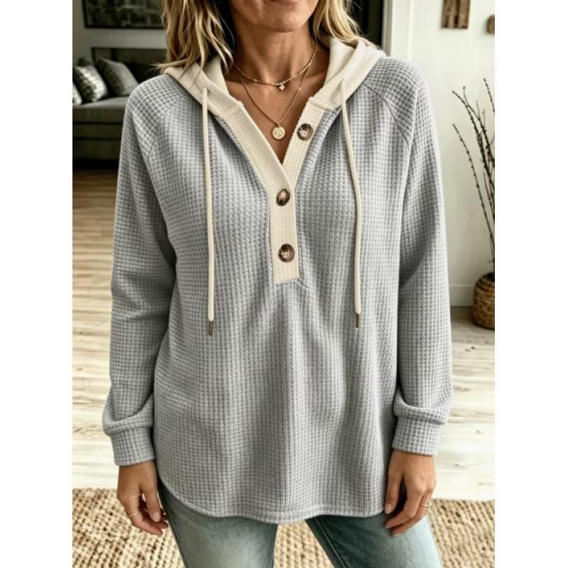 2026 Long Sleeve Hooded Sweatshirt Waffle Knit Button V-Neck Pullover Casual Wear