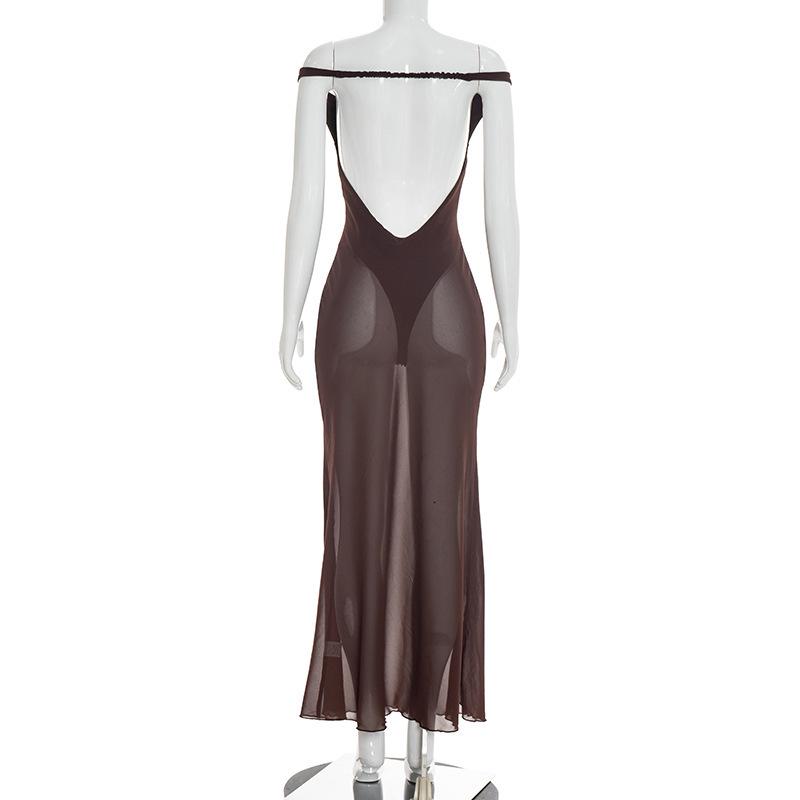 European Style Women's One-Shoulder Patchwork Mesh Dress - Spring 2026 Arrival, Solid Color, Backless Design