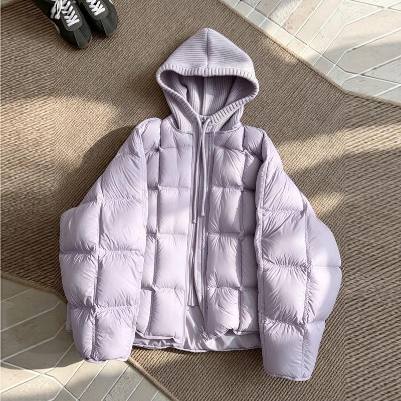 Knitted Hooded Puff Cotton-padded Clothes for Women's New Fake Two-piece Loose Cotton-padded Clothes, Warm and Thickened Cotton-padded Jacket.