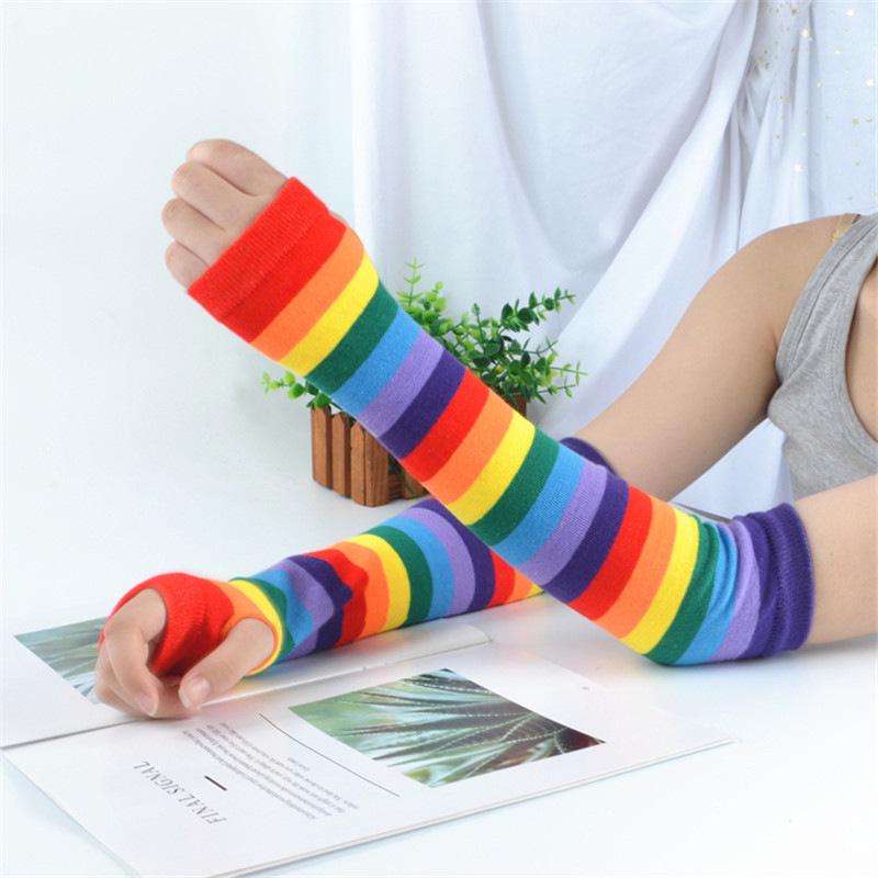 Women's Rainbow Stripe Half-Finger Cotton Dance Gloves with Sun Protection