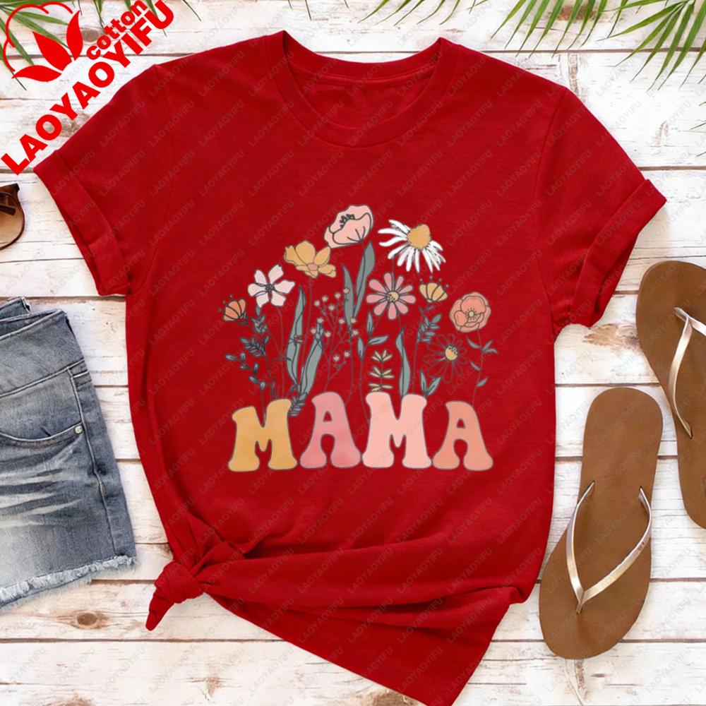 Mama Floral Shirt Women Mom Vintage Boho Wild Flowers Graphic Tshirt Cottagecore Gardening Tops Mothers Day Gift Casual Tee