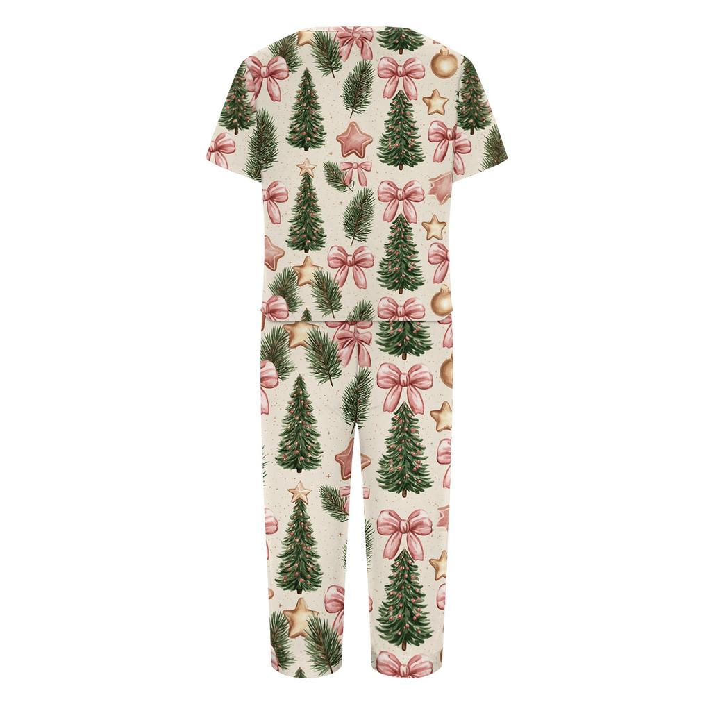 Women's Casual Christmas Print Two-Piece Outfit with Short Sleeve Top and Pants
