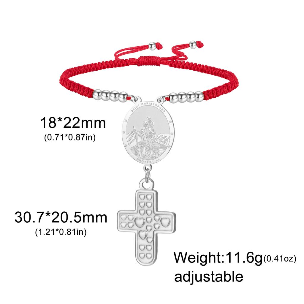 Teamer Saint Christopher Virgin Mary Emboss Heart Cross Pendant Beads Bracelet Stainless Steel Red Black Rope Chain Jewelry