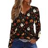 Women's Halloween Print V-Neck T-Shirt with Decorative Buttons Long Sleeve Casual Top