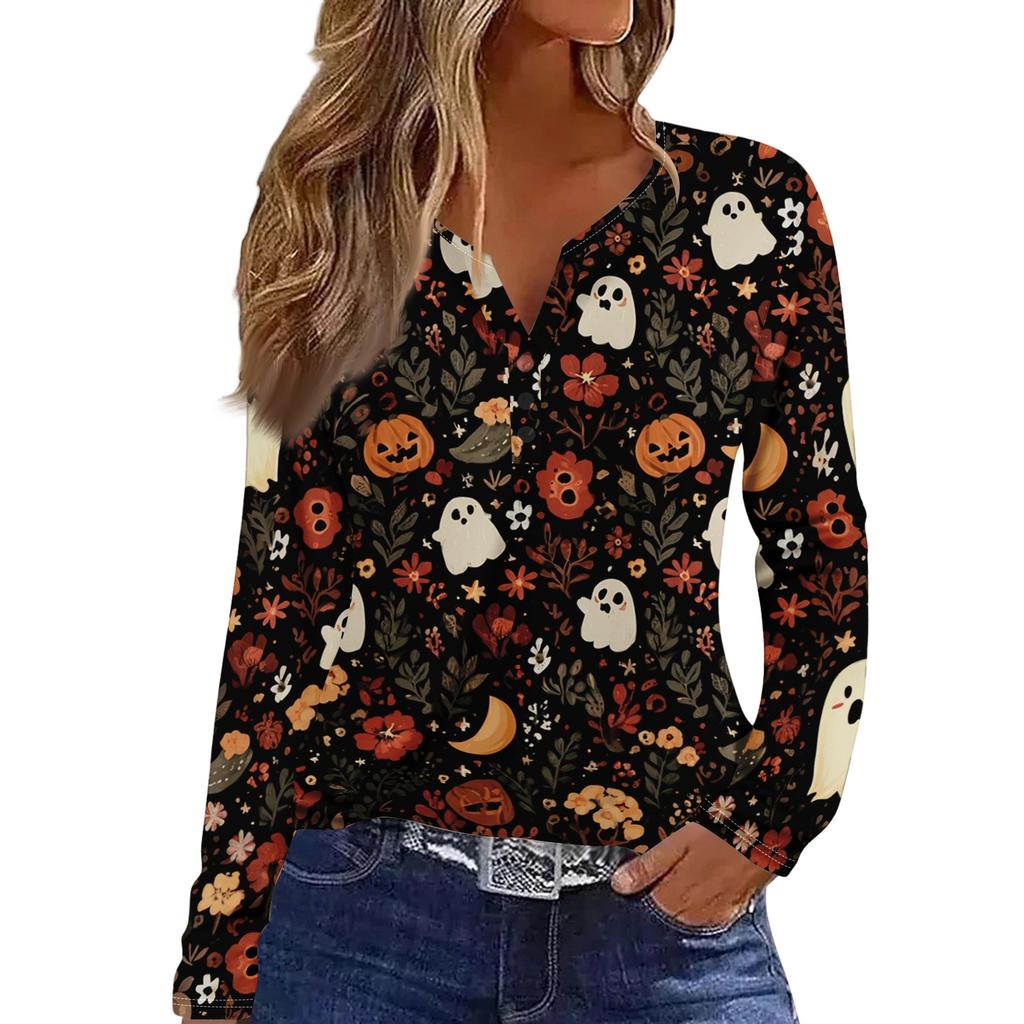 Women's Halloween Print V-Neck T-Shirt with Decorative Buttons Long Sleeve Casual Top
