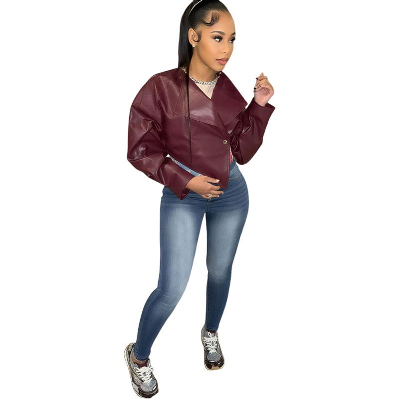 Veste Courte Style Biker Bordeaux pour Femme