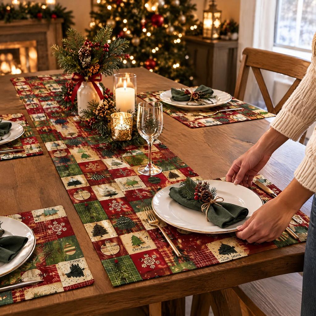 5 Pack Christmas Table Runners, Plaid Christmas Tree Ball and Snowflake Pattern Table Decor for Kitchen, Dining and Coffee Table