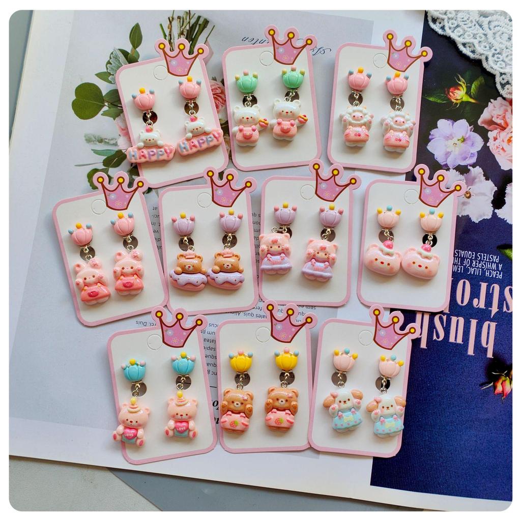 Children's Cartoon Colorful Crown & Animal Ear Clip Earrings