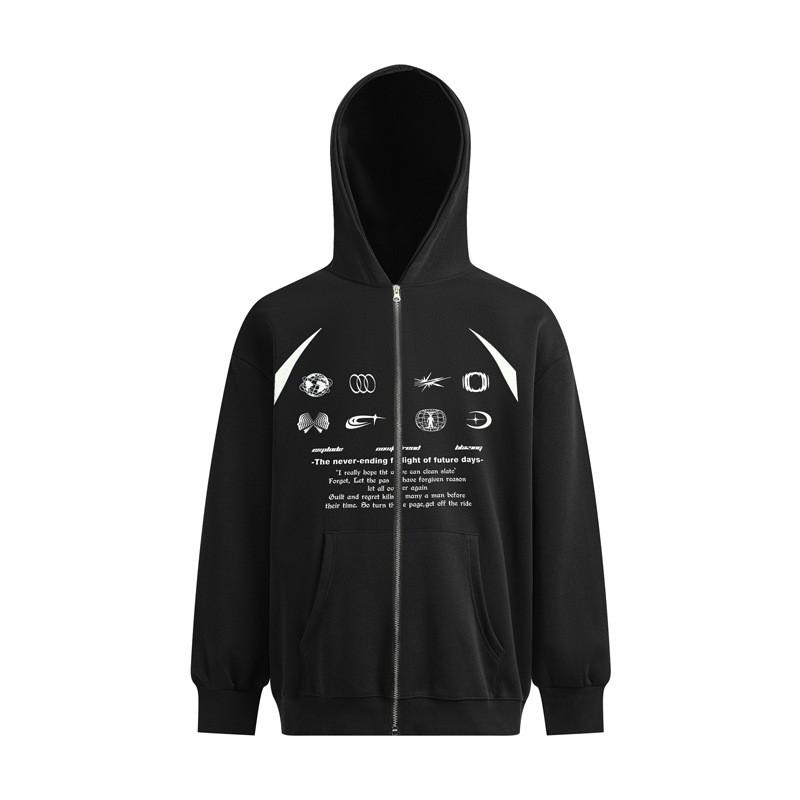 Unisex Oversized Hooded Zip-Up Sweatshirt With Streetwear Print Cotton Blend Winter Warm Casual Jacket