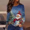 Moda Feminina Casual Bainha Fendida Gola Redonda Manga Comprida Solta Camiseta Estampada de Natal Top Feminino