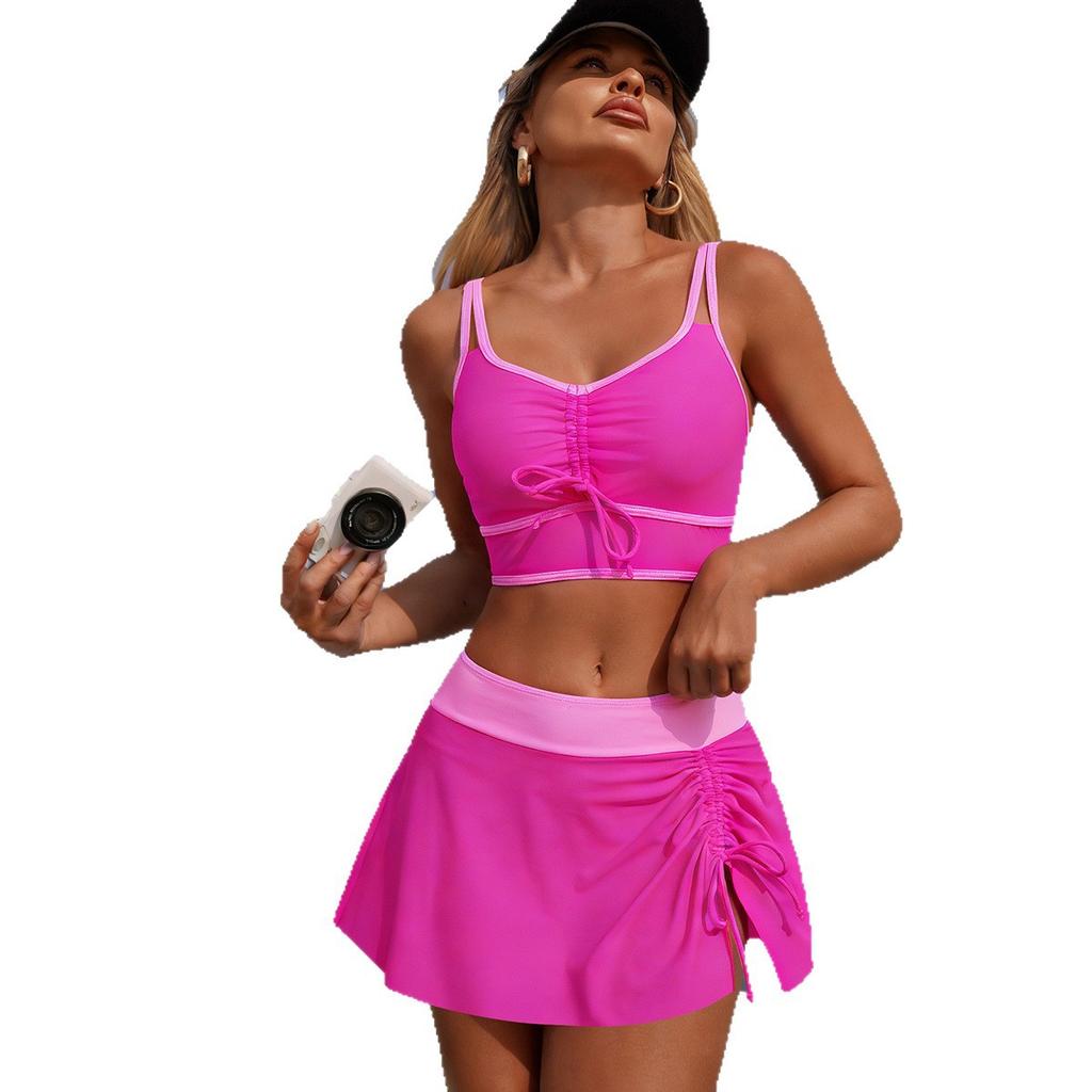 Damen-Badeanzug Unifarben Kordelzug Sport Schlitze Rock Sexy Bikini Anzug Strandbekleidung Mehrfarbig