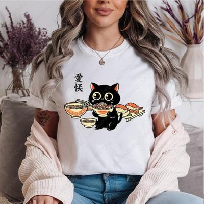 Cute Kawaii Black Cat Eating Sushi Funny Japanese Holiday Unisex Adult Cotton Tshirts Gifts Ramen Japan Food Oneck Printed Tops