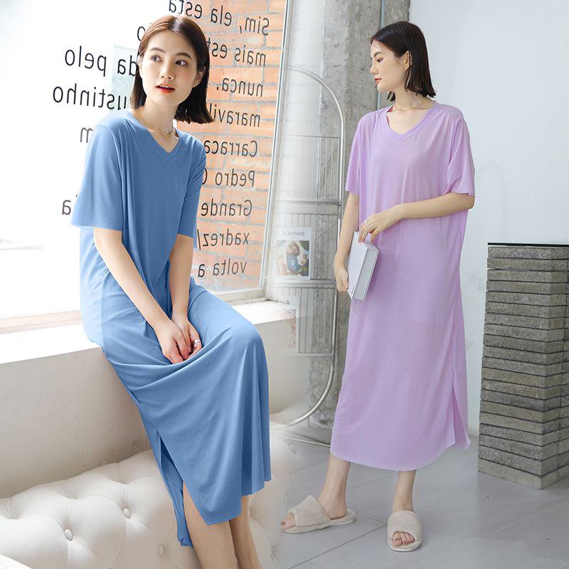 Modal Loose Nightdress Women's Summer Home Thin Casual Dress Ice Silk plus Size Slim Looking Short Sleeve Dress
