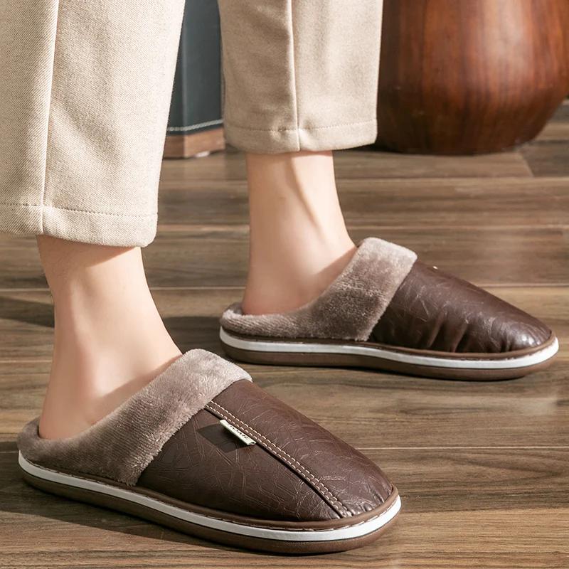 Fashion Men's Home Winter Indoor Slippers Warm Shoes Thick Bottom Plush Waterproof Leather House Man Slippers Cotton Flat Couple Shoes