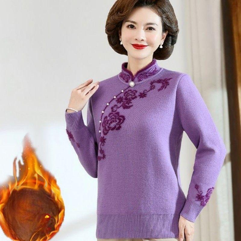 Herbst Winter Damen Nerzfleece Pullover Locker Übergröße Pullover Bestickt Pullover Fleece Verdickt Beflockt Strickoberteile