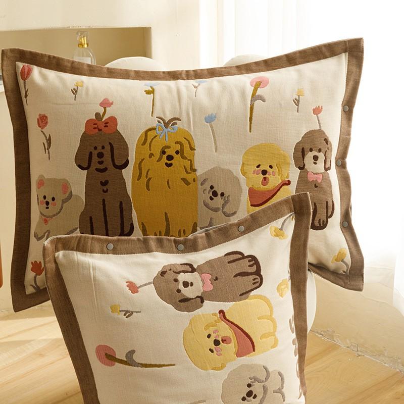 4-Layer Cotton Gauze Pillowcase Set With Cartoon Button Breathable Hotel-Grade Pillow Covers 48x74cm Pair