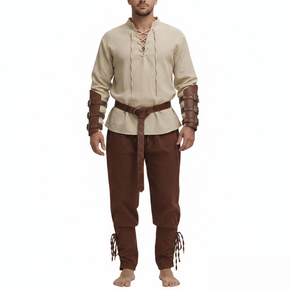 Men's Renaissance Costume Set Medieval Vintage Costume Pirate Shirt And Pants Viking Belt And Accessories Halloween Costume