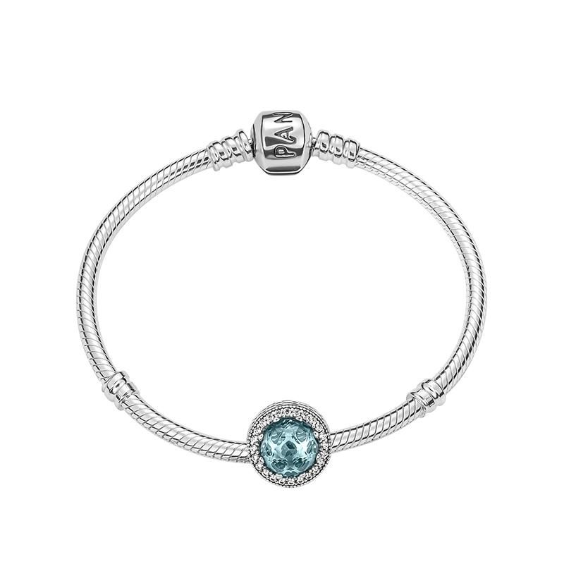 Pandora Glacier Blue Shining Heart SILVER Snake Chain 925 Silver Bracelet Set Women s Silver ZT-0350