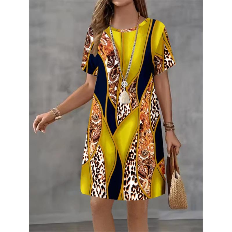 Women Summer Dress Fashionable Style Flower Print Casual Short Sleeved Round Neck A-line Dress Street Style Elegant Mini Dress