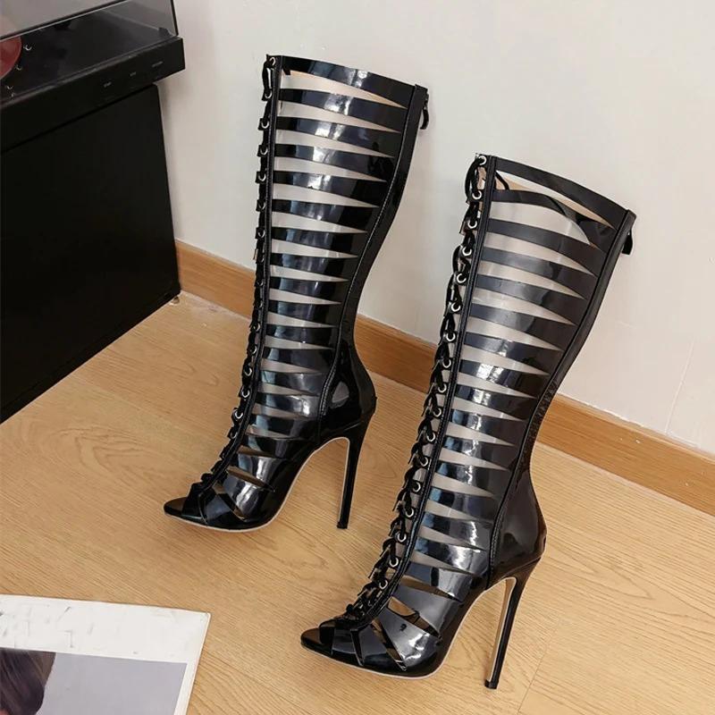 Fashion Luxury Women Boots Summer Fashion Hollow Out Cross Strap Knee High Boots Sandals for Women Zip Sexy Peep Toe Stripper Heels Shoe