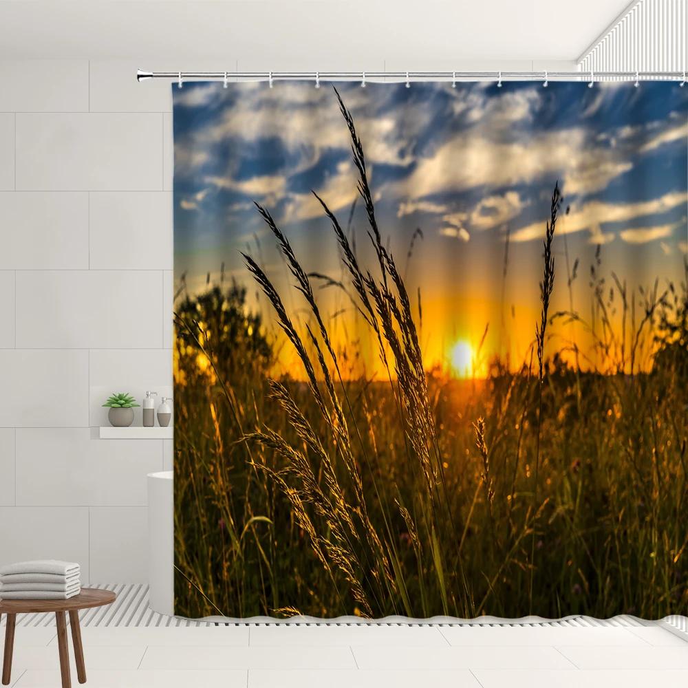 Farm Scenery Shower Curtain Old Retro Farmhouse Green Bamboo Forest Tree Autumn View Garden Decor Wall Covering Bathroom Screens