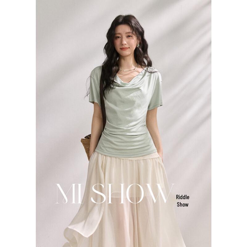 Lyocell Drape Neck Embroidered Short Sleeve T-shirt S