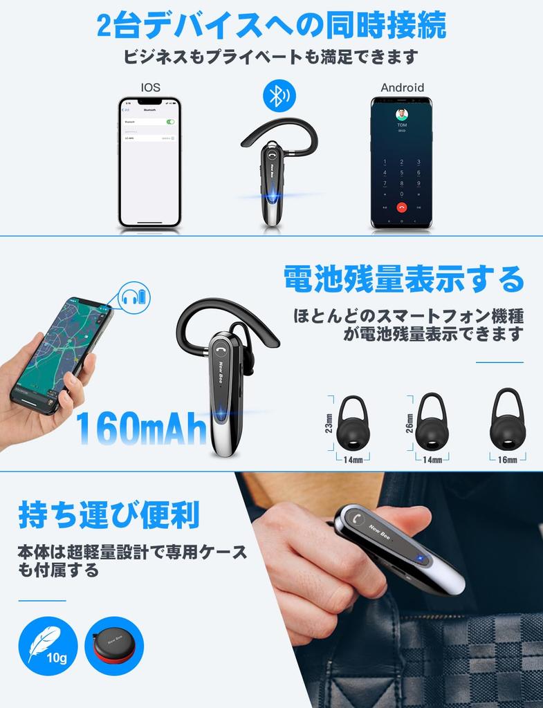 New Bee Bluetooth-Kopfhörer, Einzelohr, Freisprechen, Geräuschunterdrückung, Beidhändig, 24 Stunden Dauerbetrieb, Dual-Mikrofone, Bluetooth 5.0,