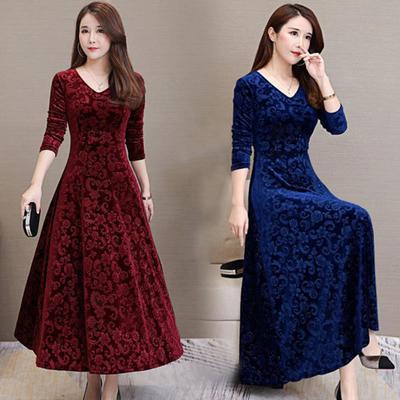 Autumn Winter Women Dress Round Neck Long Sleeves Pullover Dress Flower Printed Slim Dress Elegant Ladies Casual Vacation Long Dress Party Clothing