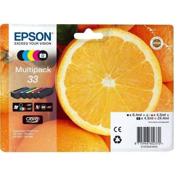 Cartouche imprimante - EPSON - 33 Claria C13T33374011 - Cyan, magenta, jaune, noir, photo noire - Pack de 5 - 24,4 ml