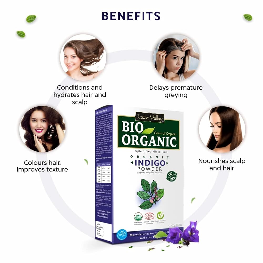 INDUS VALLEY Bio Organic Indigo & Red Henna Leaf Powder Combo for Natural Hair Colour, Grey Hair Coverage & Hair Care (100g x 2, Pack of 2)